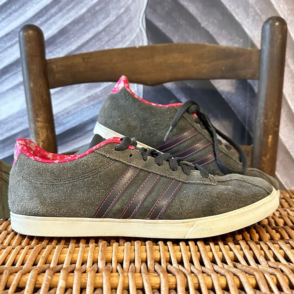adidas Gray Suede Low-Top Sneakers with Pink Accents